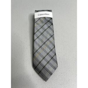 Calvin Klein Gray and Yellow Plaid Pattern Silk Blend Slim Designer Tie NWT